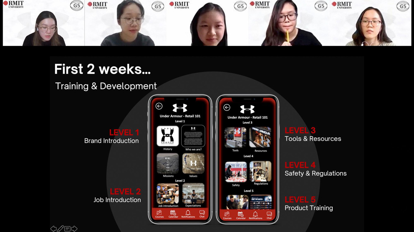 Nhóm G5 trình bày chương trình huấn luyện và phát triển chuyên môn năm cấp độ dành cho nhân viên Under Armour với ban giám khảo cuộc thi Hackathon thường niên của Viện Nhân sự Singapore (SHRI). Nhóm G5 trình bày chương trình huấn luyện và phát triển chuyên môn năm cấp độ dành cho nhân viên Under Armour với ban giám khảo cuộc thi Hackathon thường niên của Viện Nhân sự Singapore (SHRI).