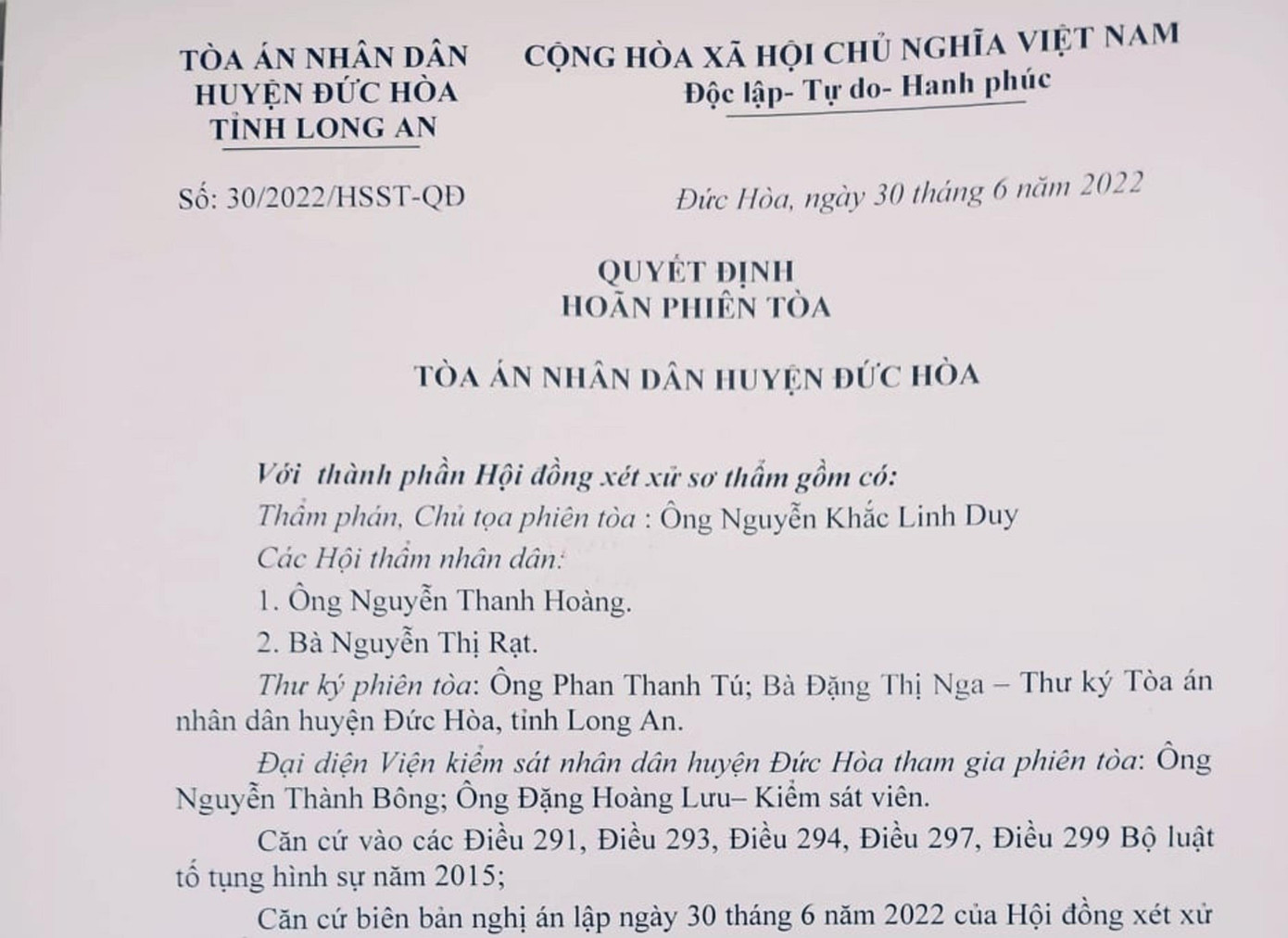 Quyết định hoãn phiên tòa của TAND huyện Đức Hòa. Quyết định hoãn phiên tòa của TAND huyện Đức Hòa.