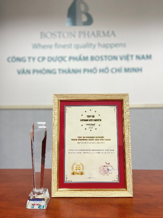 Boston Pharma đạt Top 50 doanh nghiệp tăng trưởng xuất sắc Việt Nam 2024. Nguồn: Boston Pharma