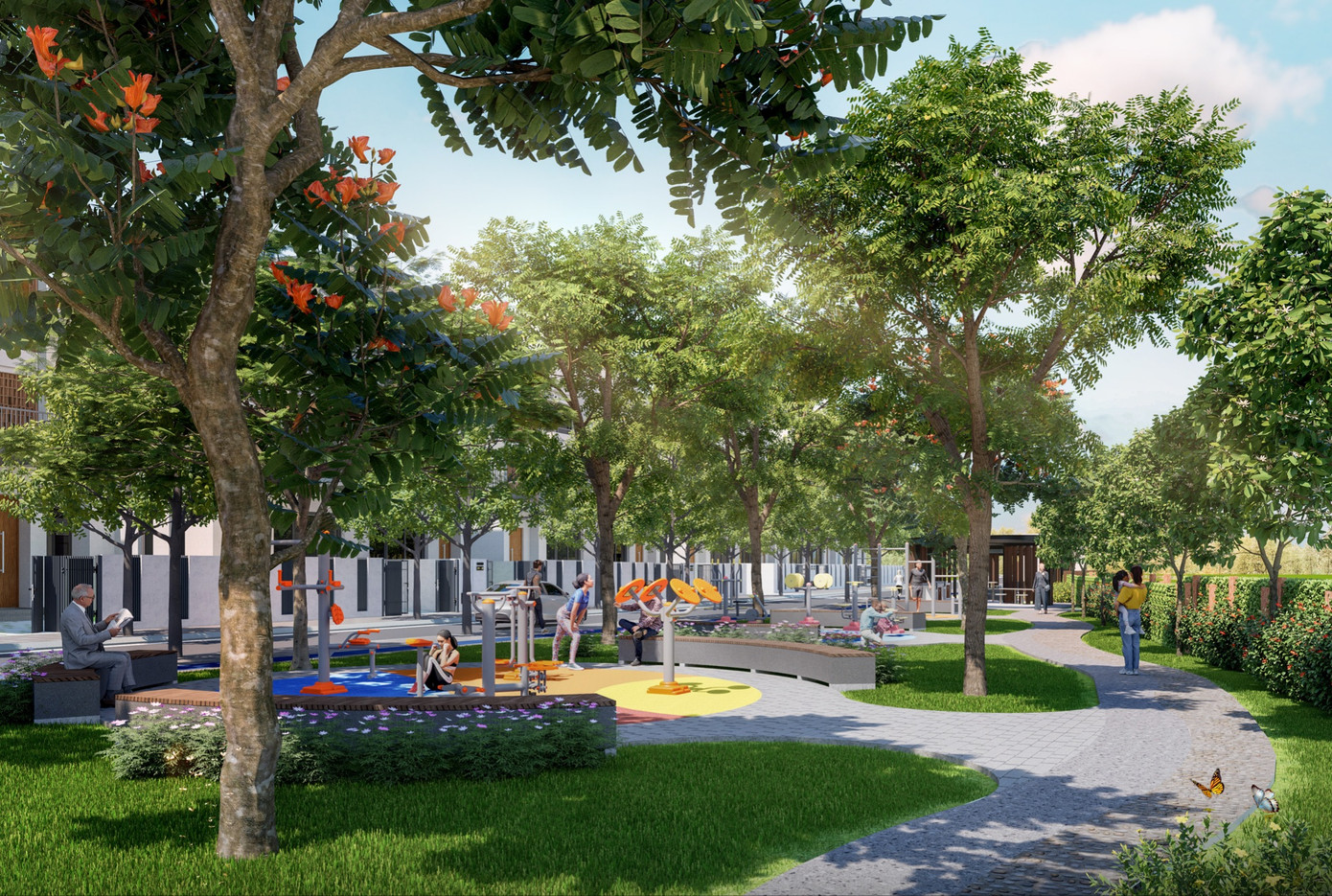 Phối cảnh sân chơi xanh mát, trong lành tại dự án The Meadow, hứa hẹn mang lại những trải nghiệm sống gần gũi với thiên nhiên cho gia chủ