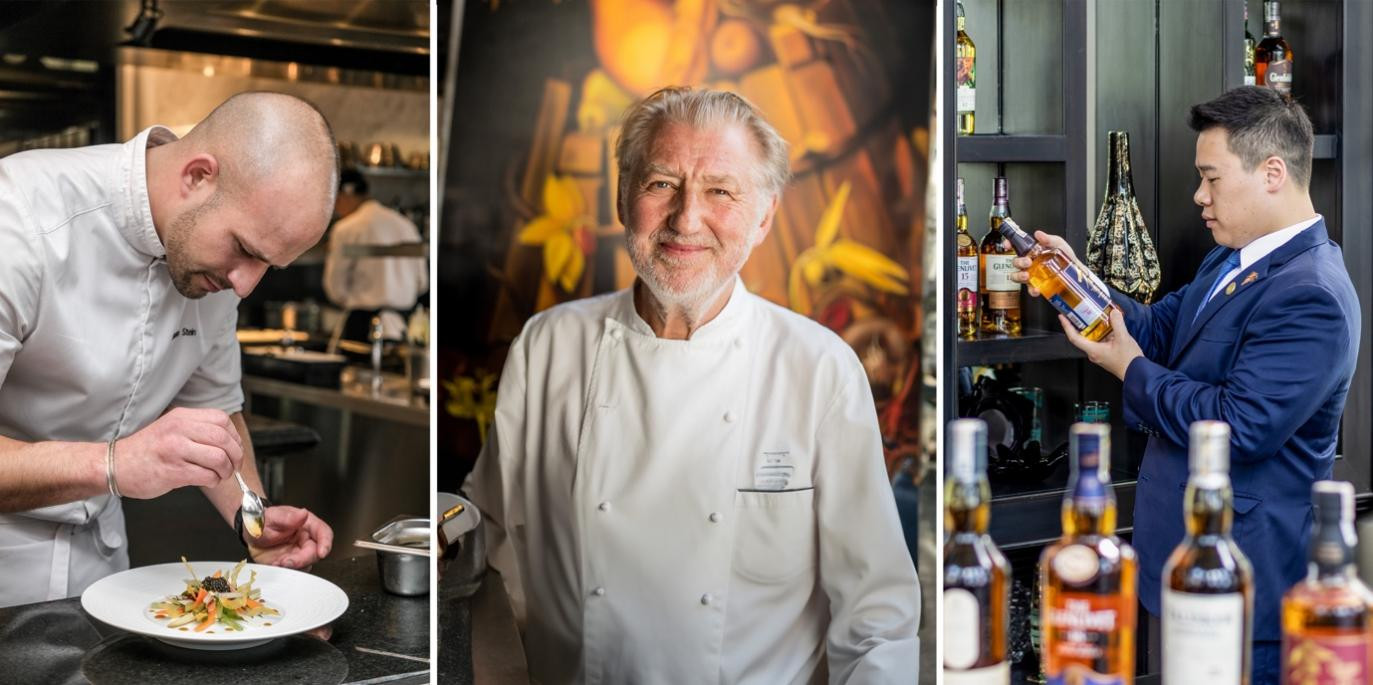Dàn “nghệ sỹ” của La Maison 1888: Bếp trưởng củaNhà hàng Florian Stein (trái), Huyền thoại Ẩm thực Pháp Pierre Gagnaire (giữa), và Chuyên gia Thử nếm Rượu vang kiêm Quản lý Thức uống Jimmy Chang (phải)