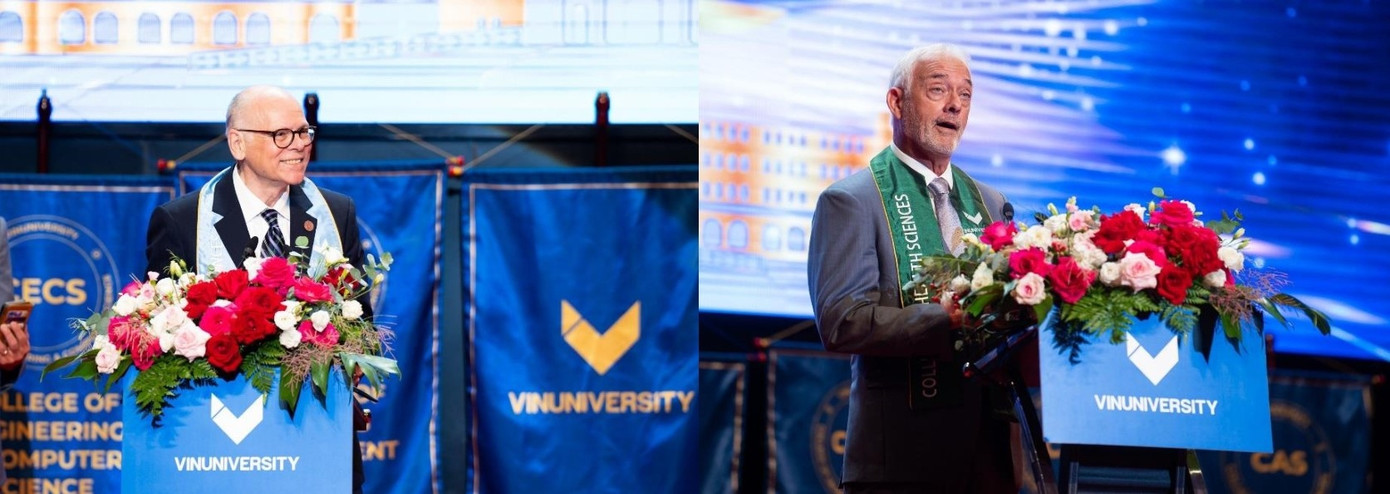 Chia sẻ tại Lễ tốt nghiệp, đại diện 2 đối tác chiến lược của VinUni, Đại học Cornell (ảnh trái) và Pennsylvania (ảnh phải) đều bày tỏ sự tự hào được hợp tác với Vingroup góp phần tạo nên VinUni - trường đại học tinh hoa, nơi đào tạo nhân tài cho Việt Nam và thế giới. Chia sẻ tại Lễ tốt nghiệp, đại diện 2 đối tác chiến lược của VinUni, Đại học Cornell (ảnh trái) và Pennsylvania (ảnh phải) đều bày tỏ sự tự hào được hợp tác với Vingroup góp phần tạo nên VinUni - trường đại học tinh hoa, nơi đào tạo nhân tài cho Việt Nam và thế giới.