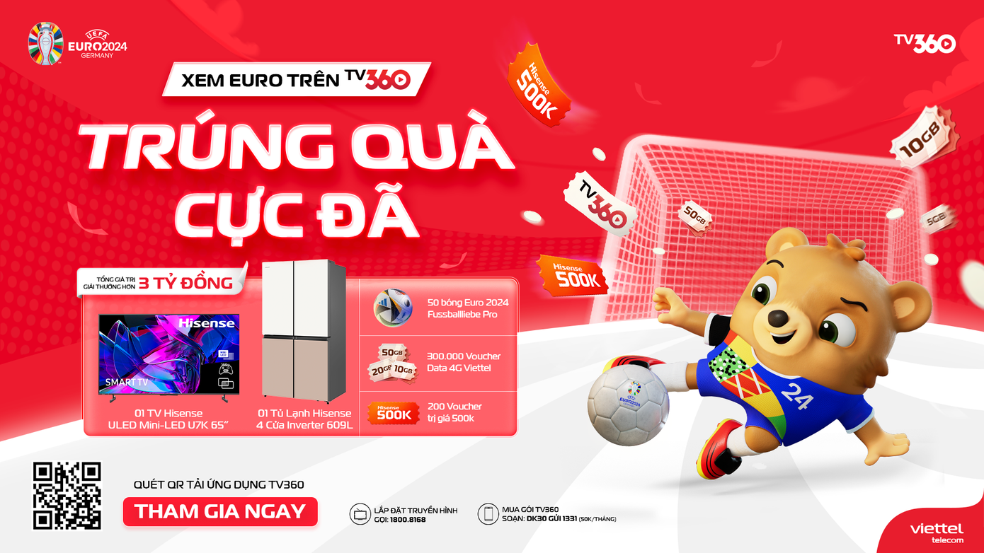 Cơ hội trúng quà mỗi ngày với hơn 800.000 phần quà khủng đang chờ bạn trên ứng dụng TV360 trong chương trình “Xem Euro trên TV360 trúng quà cực đã”. Nguồn ảnh: TV360