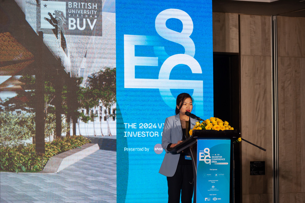 Bà Thuỷ Nguyễn, Giám đốc Điều hành Cấp cao của BUV, phát biểu tại Hội nghị Đầu tư ESG Việt Nam 2024. | Nguồn: Vietcetera Bà Thuỷ Nguyễn, Giám đốc Điều hành Cấp cao của BUV, phát biểu tại Hội nghị Đầu tư ESG Việt Nam 2024. | Nguồn: Vietcetera