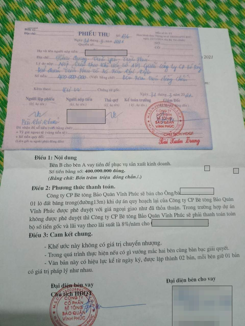 Khế ước Công ty Bê tông Bảo Quân ký với người dân. Khế ước Công ty Bê tông Bảo Quân ký với người dân.