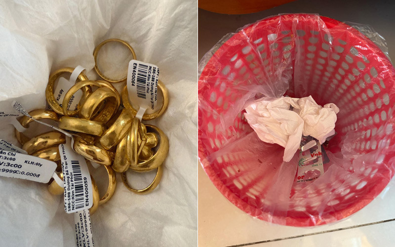 Chị Tú phát hiện bọc vàng mẹ giấu trong sọt rác.