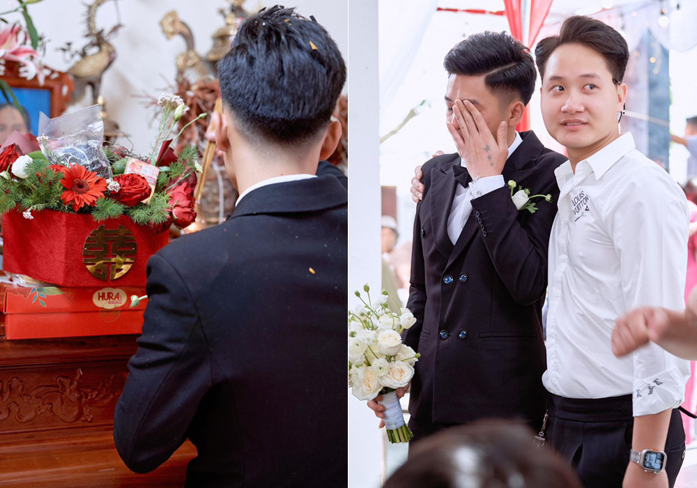 Tiến xúc động khi nhìn di ảnh mẹ. Tiến xúc động khi nhìn di ảnh mẹ.