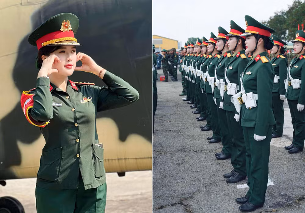 Nữ chiến sĩ nổi bật trong hàng ngũ chiến sĩ diễu binh.