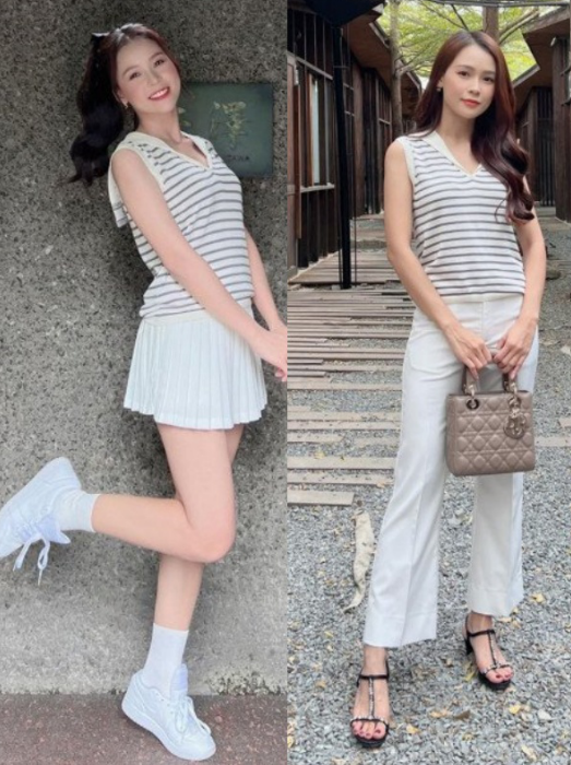 Khi diện lại chiếc áo kẻ yêu thích, Sam chọn phối cùng quần trắng và giày cao gót, chuyển hẳn sang phong cách thanh lịch.