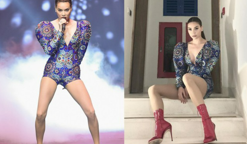 Hà Hồ đi bốt để bộ đồ thêm phá cách và phù hợp với xu hướng hơn.