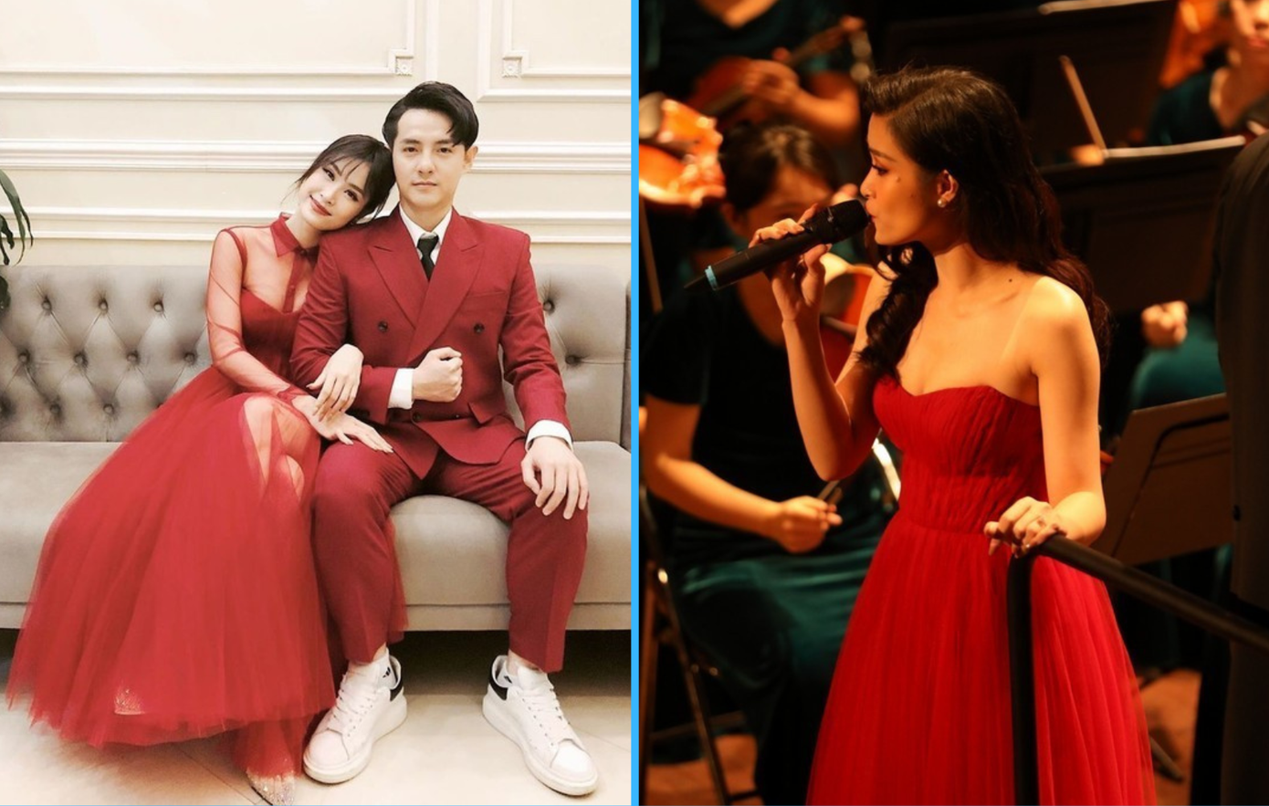 Chiếc váy đỏ được Đông Nhi tận dụng lại khi đi biểu diễn. Mẹ bỉm khéo léo biến váy cũ thành váy mới chỉ bằng việc bỏ đi lớp áo lưới bên ngoài.