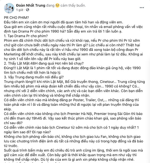 Chia sẻ của đạo diễn Nhất Trung gây ồn ào cuối tuần qua. Ảnh: FBNV Chia sẻ của đạo diễn Nhất Trung gây ồn ào cuối tuần qua. Ảnh: FBNV