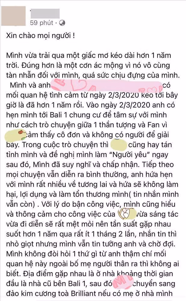 Bài đăng của T.V chia sẻ về chuyện tình cảm giữa hai người.
