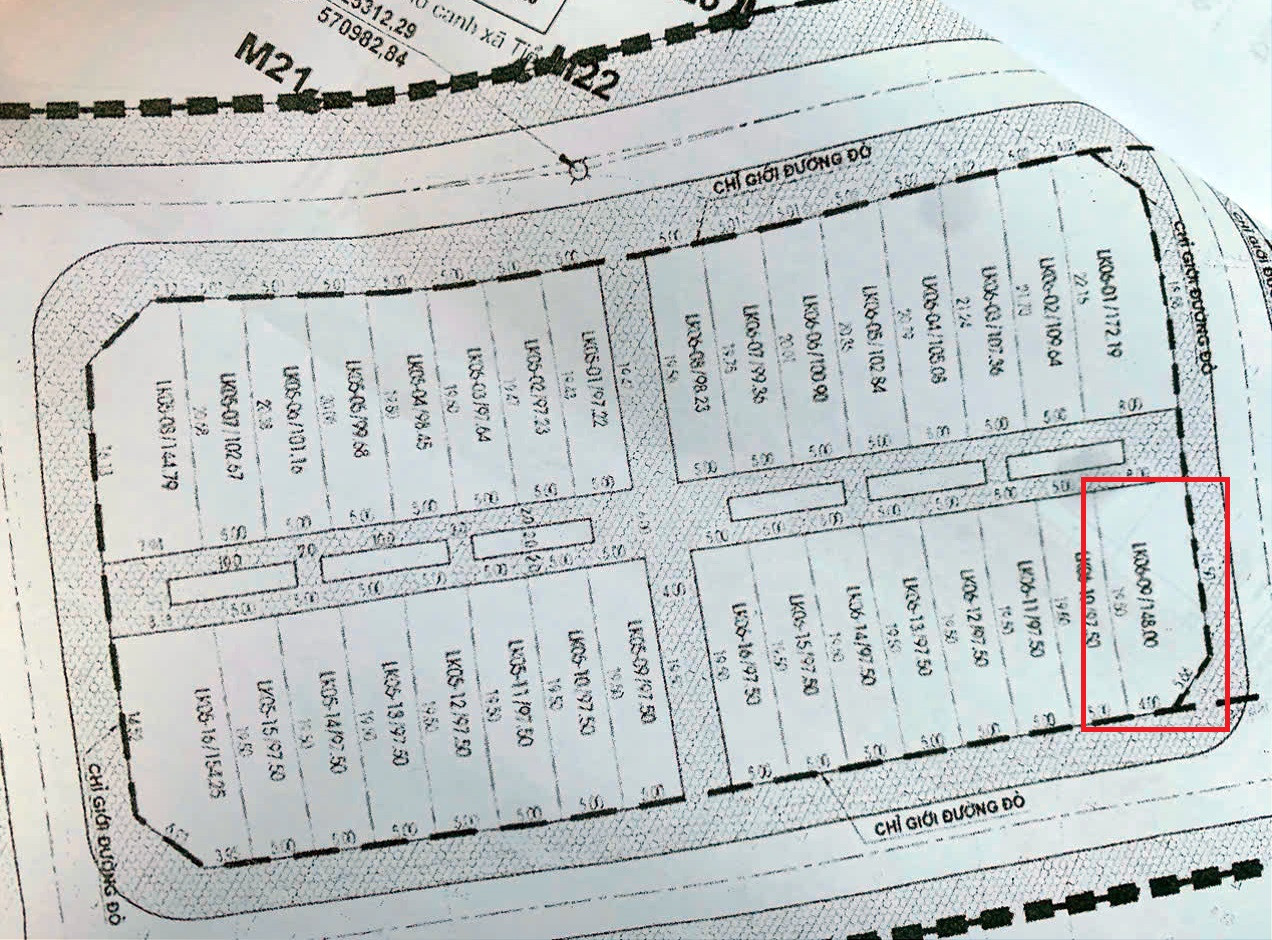 Lô góc mang ký hiệu LK06-09 có diện tích 148 m2 (khoanh đỏ - PV) đã có người trúng với giá hơn 109 triệu đồng/m2 gấp gần 15 lần giá khởi điểm.