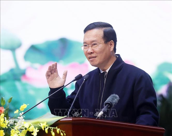 Chủ tịch nước Võ Văn Thưởng chủ trì hội nghị sơ kết 5 năm thực hiện Nghị quyết 35-NQ/TW của Bộ Chính trị khoá XII. Ảnh: Thống Nhất/TTXVN