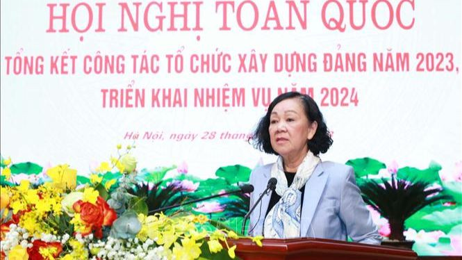 Thường trực Ban Bí thư, Trưởng Ban Tổ chức Trung ương Trương Thị Mai phát biểu kết luận hội nghị. Ảnh: TTXVN