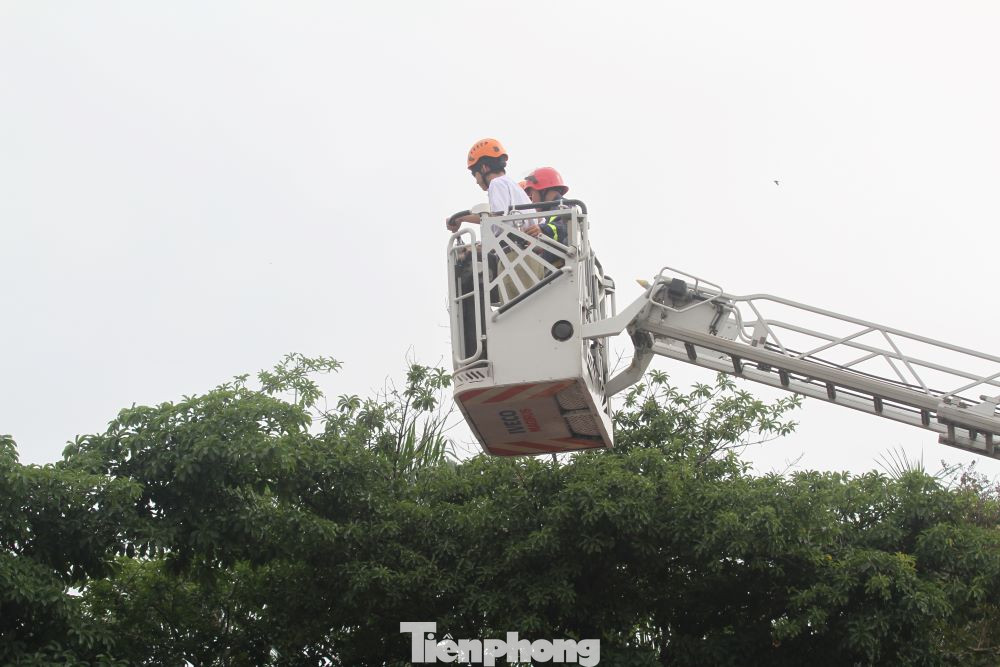 Các em học sinh được trải nghiệm công tác chữa cháy bằng xe thang cao hàng chục mét.