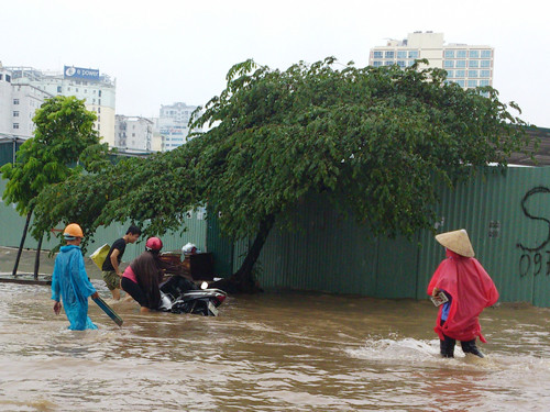 Một phụ nữ bị ngã xe được sự trợ giúp của người đi đường