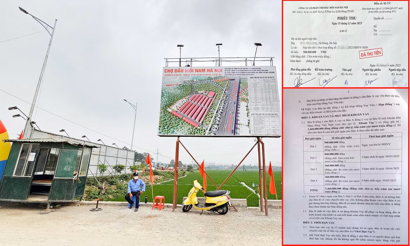 Dự án Chợ Bích Hòa dịch vụ thương mại vừa mới khởi công nhưng đã rầm rộ rao bán các suất ki ốt ngoại giao, thu chênh hàng trăm triệu đồng. Trong Ảnh: Hợp đồng vay vốn và phiếu thu tiền khách hàng của Công ty cổ phần chợ đầu mối Nam Hà Nội.
