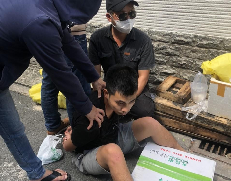 Đối tượng Ngô Quốc Hùng bị bắt quả tang khi đang nhận thùng quạt gió, bên trong 8 bánh có chứa heroin. Ảnh: Mạnh Hùng. Đối tượng Ngô Quốc Hùng bị bắt quả tang khi đang nhận thùng quạt gió, bên trong 8 bánh có chứa heroin. Ảnh: Mạnh Hùng.