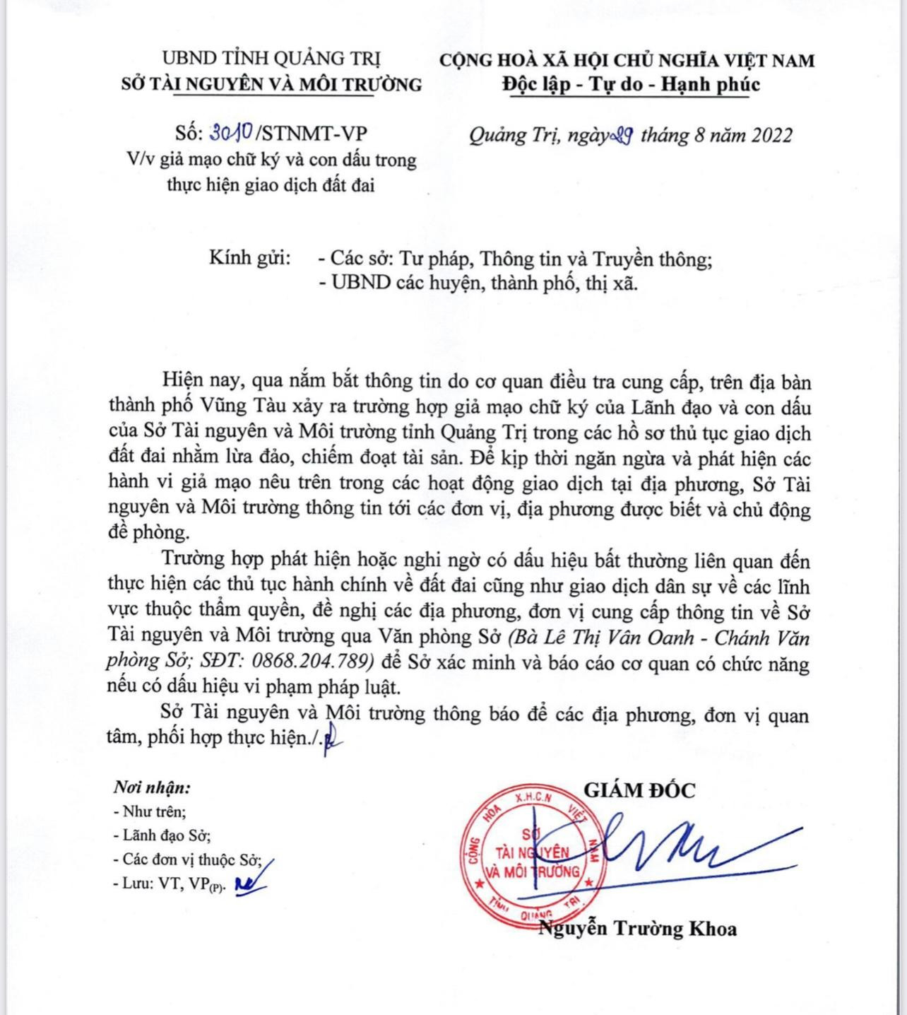 Công văn của Sở TN&amp;MT Quảng Trị.