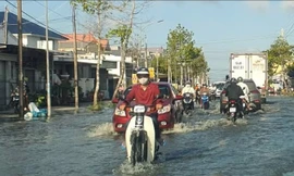 Triều cường lên cao, Quốc lộ 1 qua Cà Mau ngập sâu vào sáng sớm