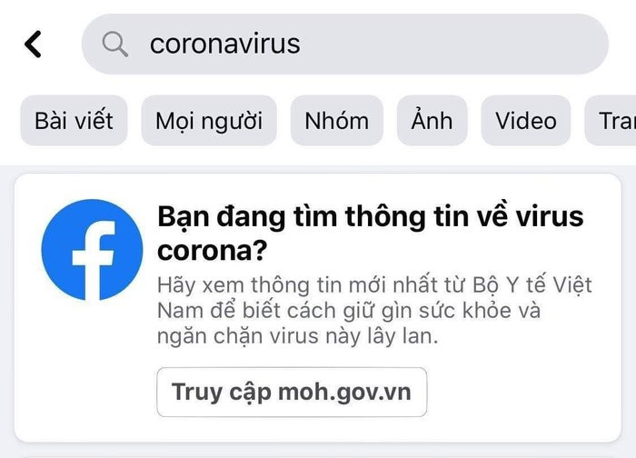 Khi tìm kiếm thông tin liên quan đến virus corona trên Facebook, một cửa sổ thông tin dẫn đến trang web của Bộ Y tế sẽ hiện ra với mục đích hướng mọi người đến nguồn thông tin xác thực, đáng tin cậy. (Ảnh: Facebook)