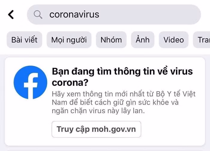 Khi tìm kiếm thông tin liên quan đến virus corona trên Facebook, một cửa sổ thông tin dẫn đến trang web của Bộ Y tế sẽ hiện ra với mục đích hướng mọi người đến nguồn thông tin xác thực, đáng tin cậy. (Ảnh: Facebook)