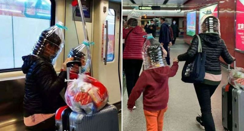 Nhiều người đội chai nước bằng nhựa lên đầu để tránh nhiễm virus Covid-19. Ảnh: Yahoo News Australia.