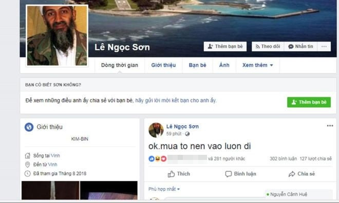 Tài khoản Facebook cá nhân được cho là nghi phạm.