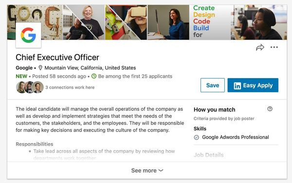Bài đăng tuyển dụng giả liên quan đến vị trí CEO Google trên LinkedIn.