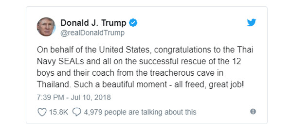 Tổng thống Mỹ Donald Trump gửi lời chúc mừng. Ảnh: Twitter