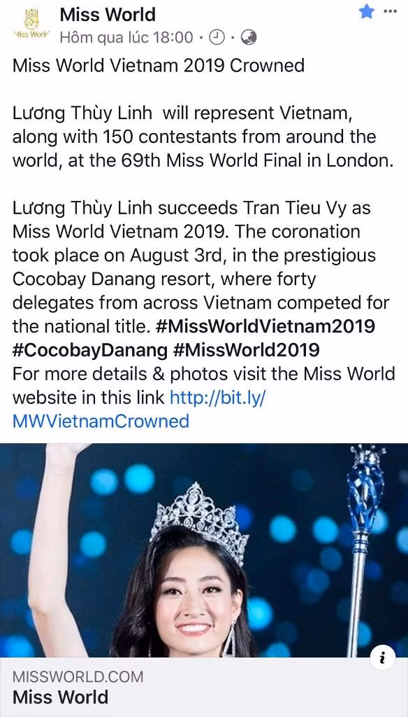 Lương Thùy Linh xuất hiện trên trang chủ và Fanpage của Miss World.