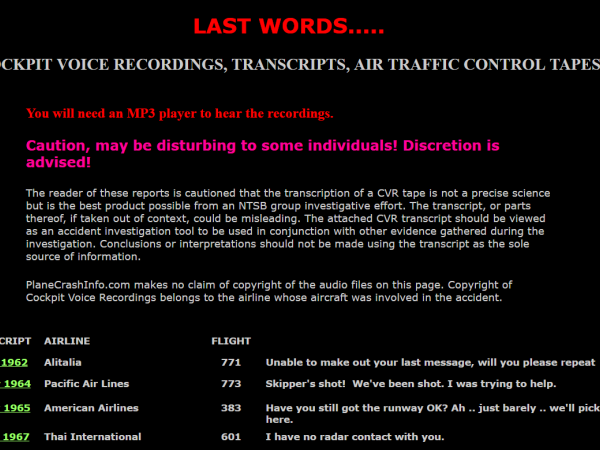 Danh sách những đoạn ghi âm hoặc văn bản ghi lại âm thanh của khoảnh khắc đối diện với tử thần