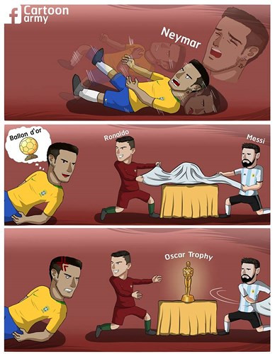 Neymar bực tức khi bị Ronaldo và Messi trao giải 