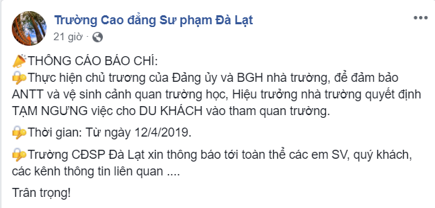 Dòng thông báo của trường trên trang Fanpage về việc tạm ngưng đón du khách vào tham quan.