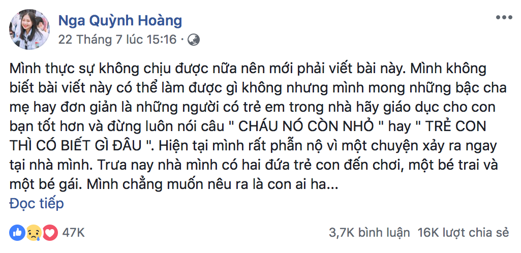 Sau vài chục giờ đăng tải, câu chuyện của cô bạn này nhanh chóng thu hút hàng chục ngàn lượt react cùng như hàng ngàn bình luận, chia sẻ. Sau vài chục giờ đăng tải, câu chuyện của cô bạn này nhanh chóng thu hút hàng chục ngàn lượt react cùng như hàng ngàn bình luận, chia sẻ.