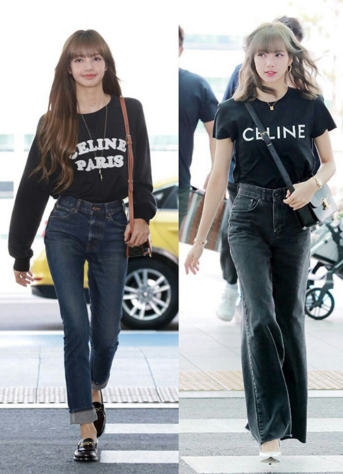 Lisa rất hay phối quần jeans cạp cao với croptop hoặc áo đóng thùng để khéo khoe vòng eo nhỏ và tỷ lệ chân dài miên man