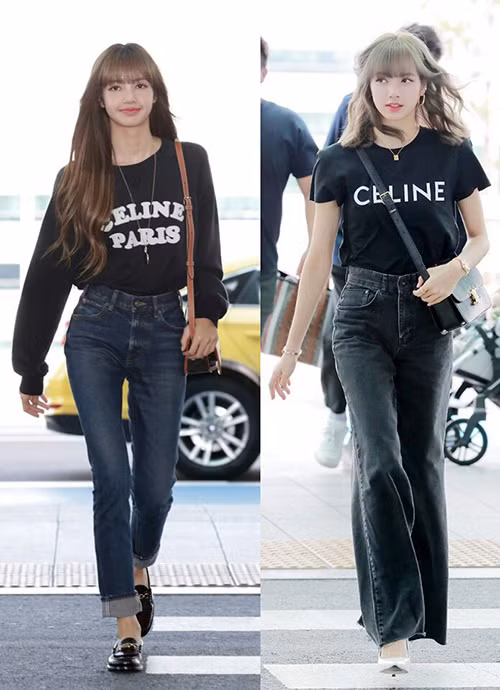 Lisa rất hay phối quần jeans cạp cao với croptop hoặc áo đóng thùng để khéo khoe vòng eo nhỏ và tỷ lệ chân dài miên man