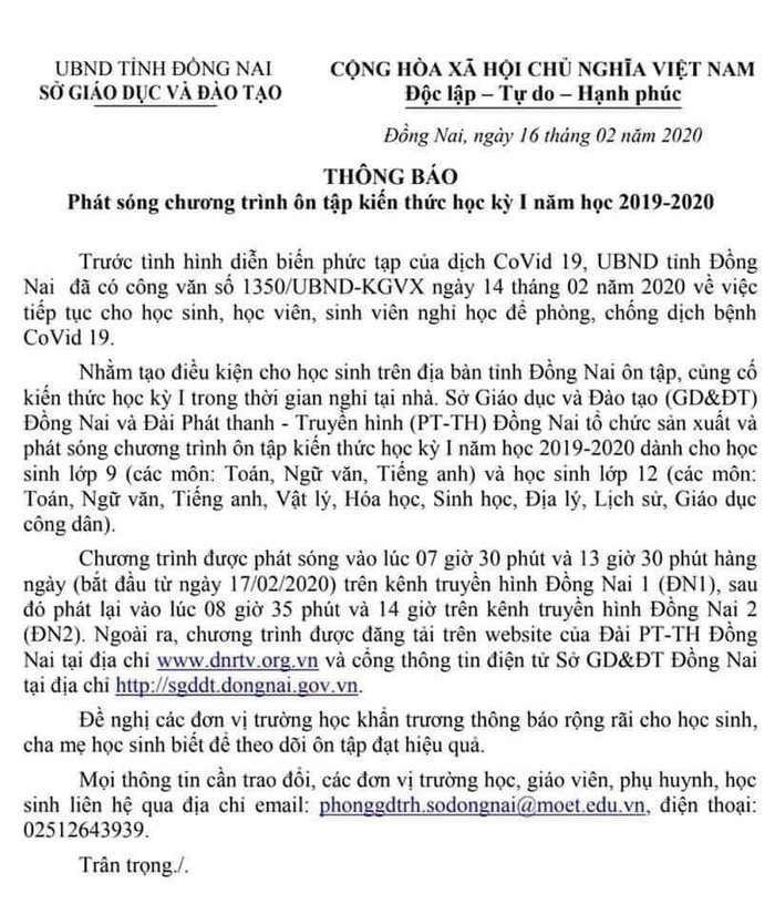 Đồng Nai phát sóng chương trình ôn tập cho học sinh khối 9, 12 giữa đại dịch corona.