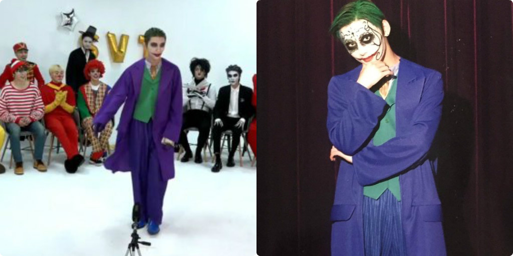 Cả Minhyun (NU’EST) và Joshua (Seventeen) đều hóa trang thành nhân vật Joker của phim Batman, nên đụng hàng là chuyện đương nhiên.