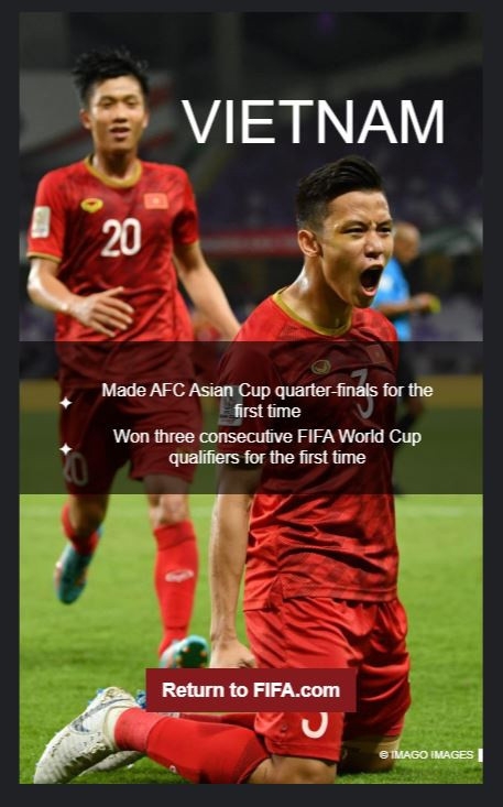 Tuyển Việt Nam được trang chủ FIFA vinh danh. Tuyển Việt Nam được trang chủ FIFA vinh danh.