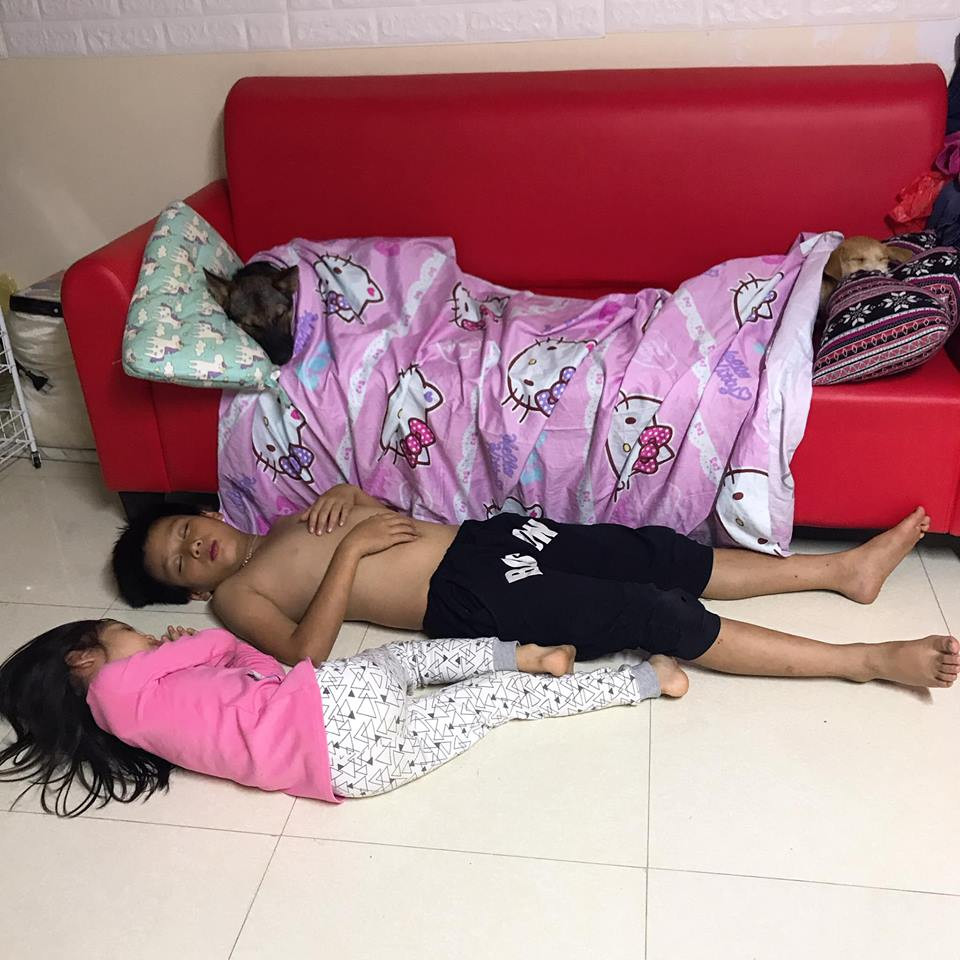 Hình ảnh hai anh em vui vẻ nằm dưới đất để nhường chăn sẻ gối cho thú cưng khiến dân tình "yêu không để đâu cho hết"!