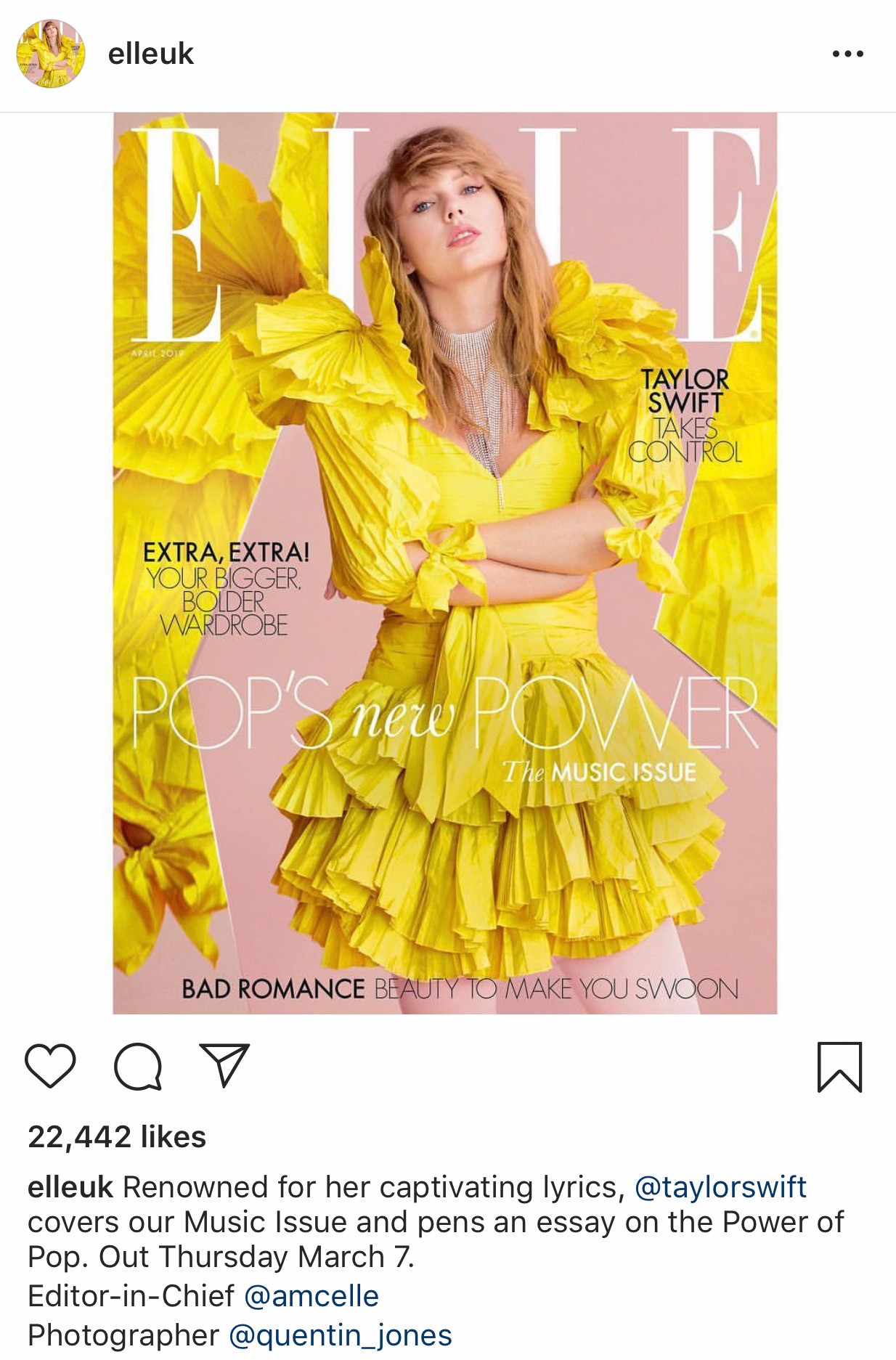 Bài đăng của tạp chí Elle trên trang mạng xã hội Instagram