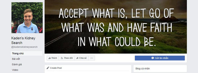Giao diện trang Facebook Kaden’s Kidney Search.
