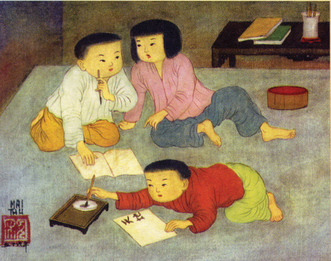 Bức họa “Tập viết” được danh họa vẽ vào năm 1956 cũng được dân mạng biến tấu thành người chị chỉ dạy em học bài nhưng theo phong cách hài hước, dễ thương. (Ảnh: Wikipedia/Pinterest)