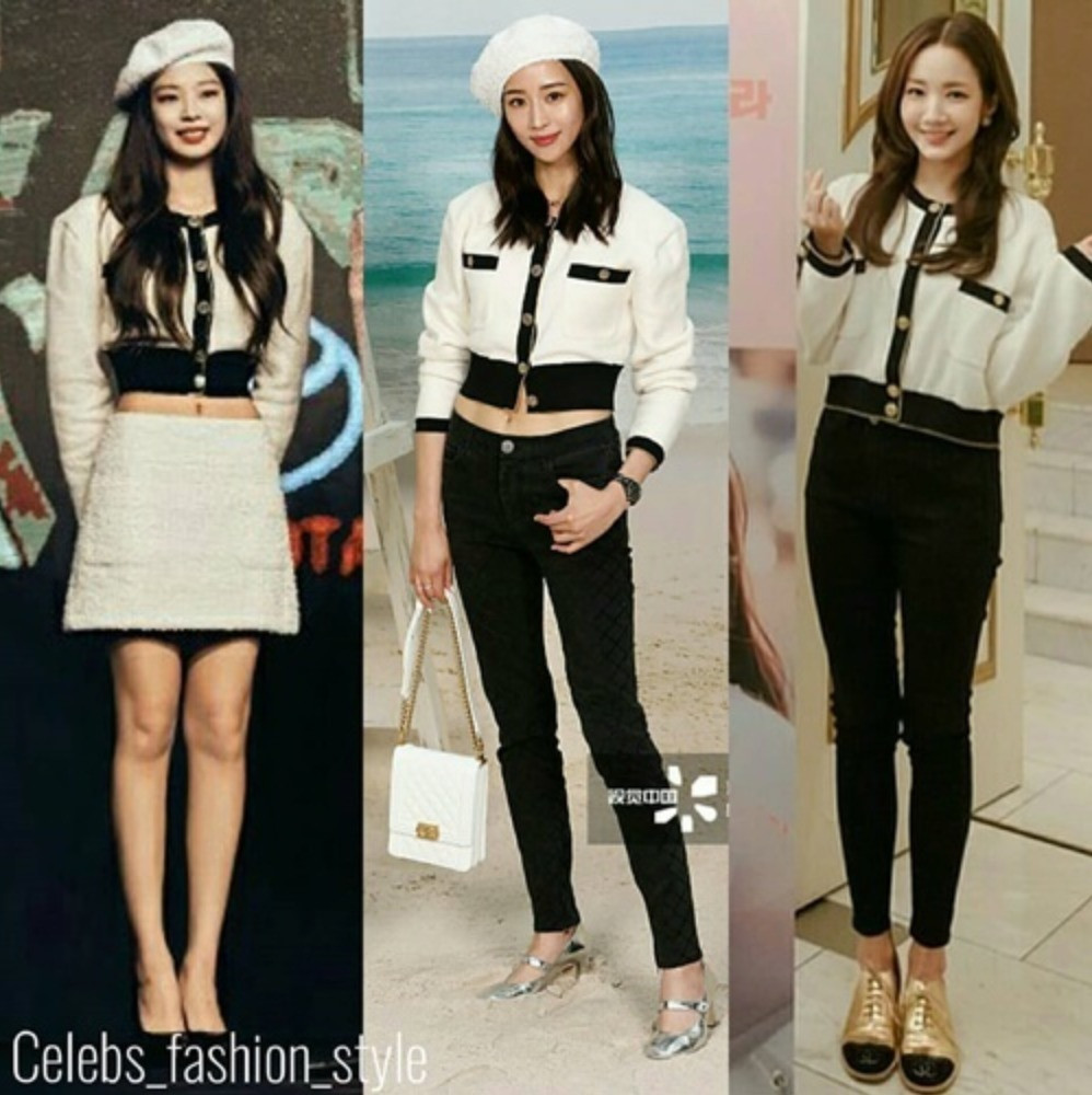 Jennie khẳng định đẳng cấp gương mặt đại diện của Chanel khi mặc cả cây đồ vải tweed rất ngọt ngào. Trương Quân Ninh (giữa) khoe khéo đôi chân thon dài khi phối áo cùng quần skinny. Còn cách mix đồ của Park Min Young (phải) bị chê nặng nề, kém gợi cảm.
