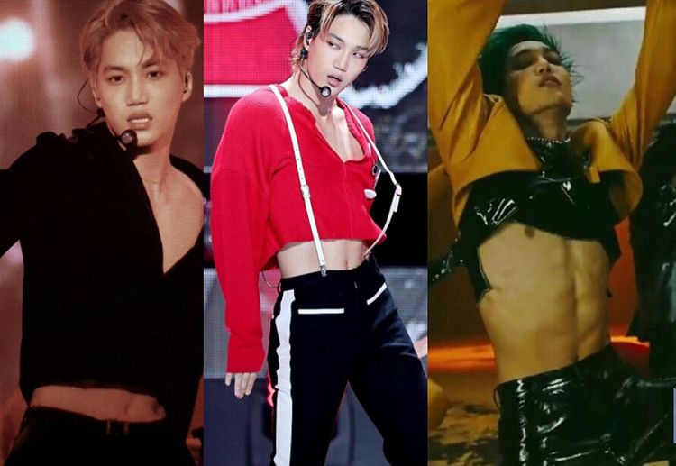  Kai thường xuyên diện croptop khi biểu diễn. Từ MV Love shot, Tempo và mới đây nhất là Obsession, Kai đều được stylist cho mặc croptop và nhảy những động tác khoe cơ bụng sáu múi.