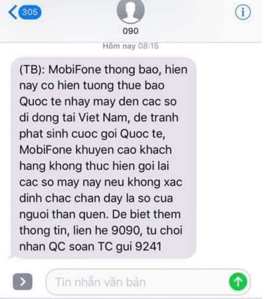 Nhà mạng phát đi thông báo để khuyến cáo khách hàng cẩn trọng, đề phòng bị trộm tiền cước từ cuộc gọi quốc tế.