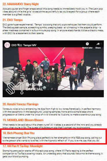 Bích Phương là một trong hai nghệ sĩ của Việt Nam và là nữ ca sĩ solo hiếm hoi của Châu Á lọt bảng xếp hạng này.